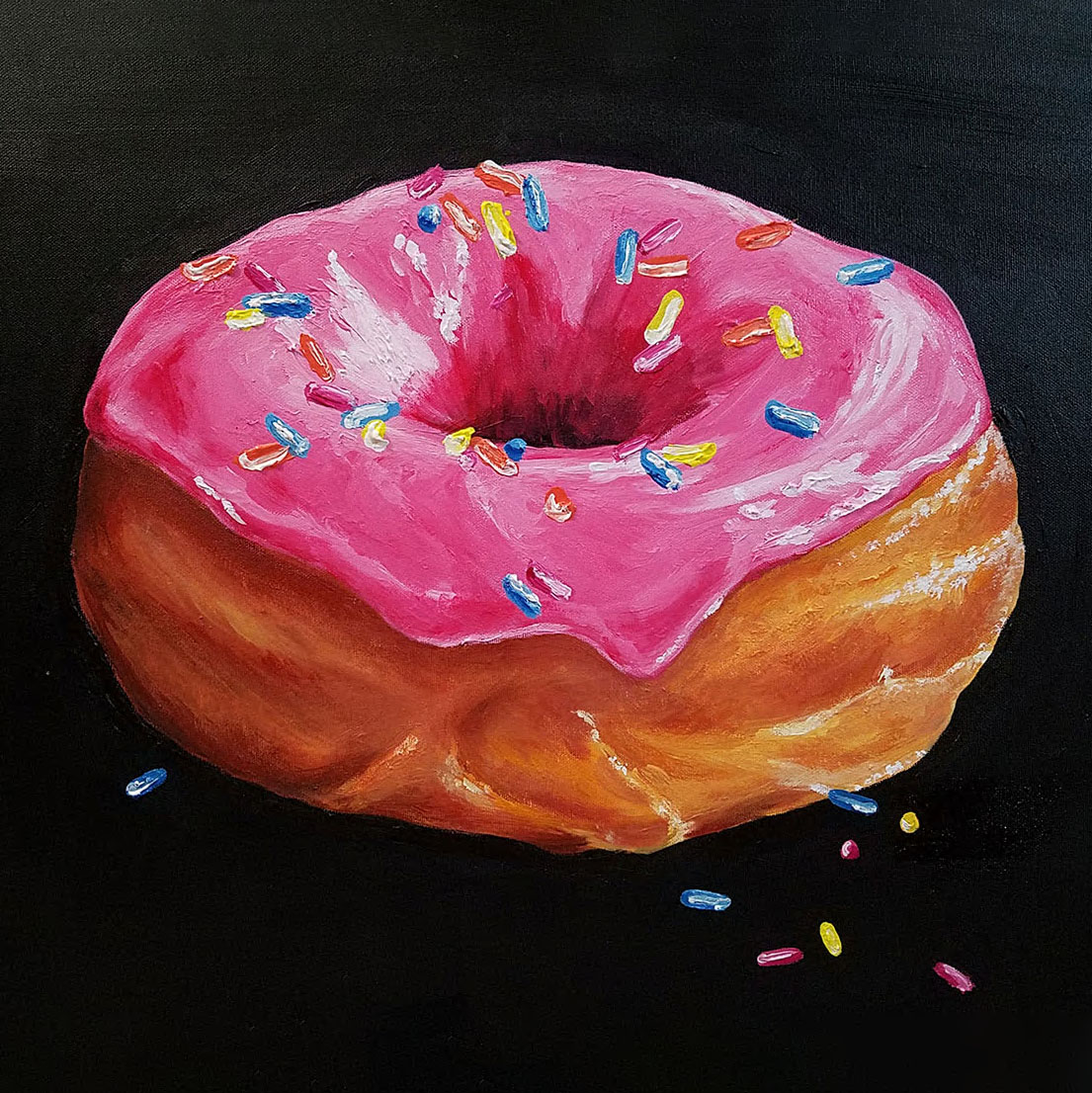 acrylic painting of a donut with pink frosting and sprinkles on a black background