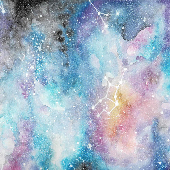 Watercolor painting of an abstract galaxy with black, blue, purple, yellow, and pink color with white ink splatters as stars with a Virgo constellation painted in the middle
